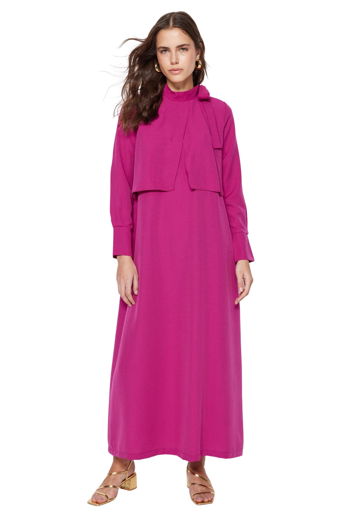 TRENDYOL Women's Straight Maxi Long Sleeve Casual Regular Hijab Dress, Pink, 8