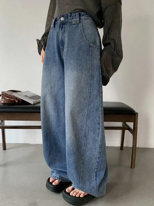 Image of KOTTY Women Trendy Wide Leg Jeans High Waist Baggy Fit Denim Streetwear Jeans