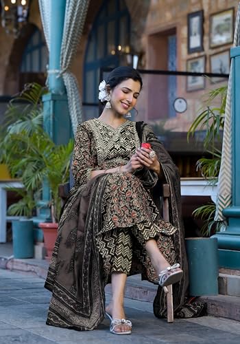 Image of MIRCHI FASHION Women Cotton Printed and Embellished Jaipuri Kurti Set with Pant with Dupatta