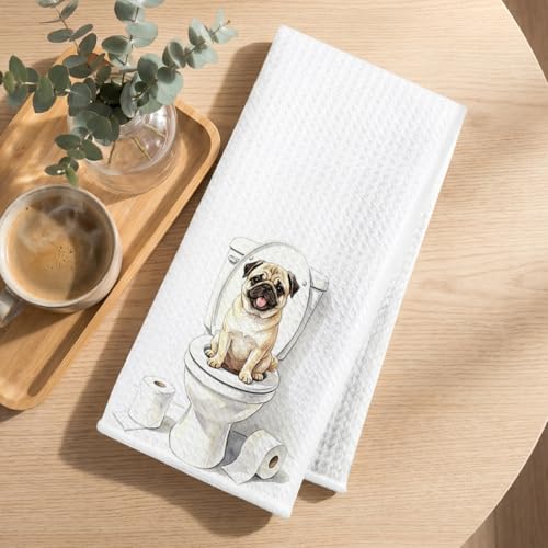 Image of Hanamiya Na 4 Pcs Funny Pug Bathroom Hand Towels 24x14 Inch, Pug Gifts Absorbent Microfiber Dish Cloth Towel, Pugs Mom Gifts Waffle Weave Hand Towels for Toilet Home Dog Bathroom Decor