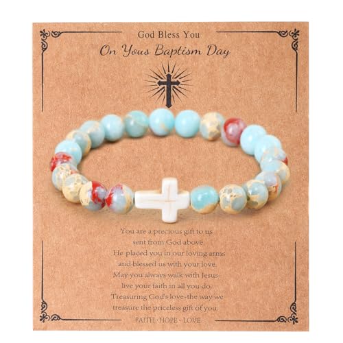 LUOKIFUR Pulsera cruzada para mujer, regalo de bautismo, pulsera de cuentas de piedra natural religiosa católica cristiana, regalo inspirador para ella (blue)