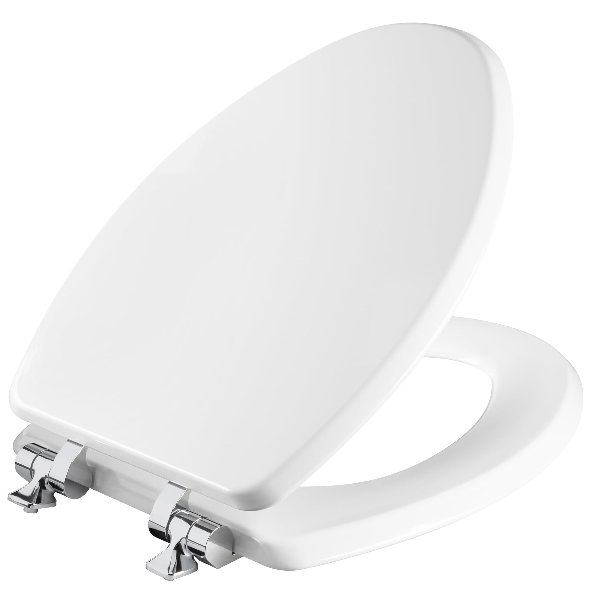 Bennett Toilet Seat with Chrome Hinges, Slow Close Wood Seat, Secure Metal Hinges, Easy Install, Made in USA, Elongated, White