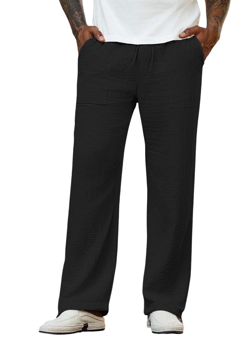 Men’s Cotton Muslin Relaxed Fit Pants | Lightweight Breathable Casual Trousers | Elastic Waist Drawstring Summer Lounge Pants-image-12