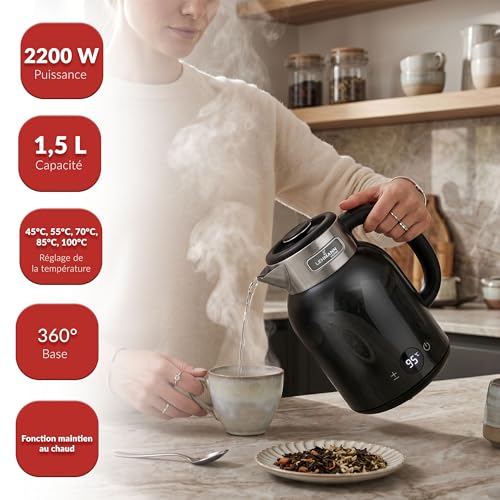 LEHMANN Bouilloire Électrique 1,5 L avec Temperature Réglable 40-100 °C, 2200 W, Ebullition Rapide, Fonction de Maintien au Chaud, Écran LED, Intérieur Inox, Arrêt Automatique, sans BPA, Noir – vue 4