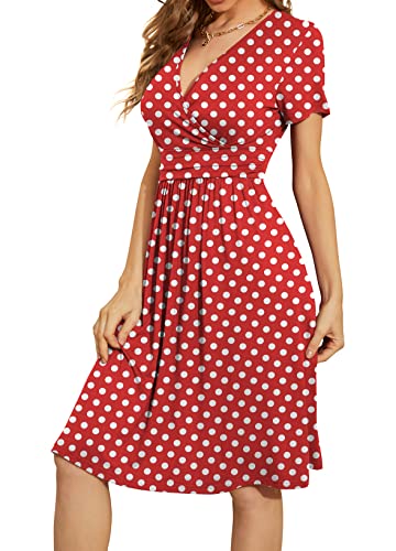 Weaczzy Women Summer Casual Short Sleeve Dresses Empire Waist Dress With Pockets, White Dot Red, Large #TOP1