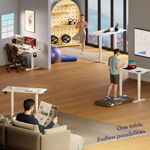 Image of ARTIKEL Artidesk Eco Electric Height Adjustable Table for Office Work & Home-Sit Stand Gaming Desk 80kg Load, Cup Holder, 2 Hooks,Cable Organizer 2Split Tabletop (White, 100x60 CM)