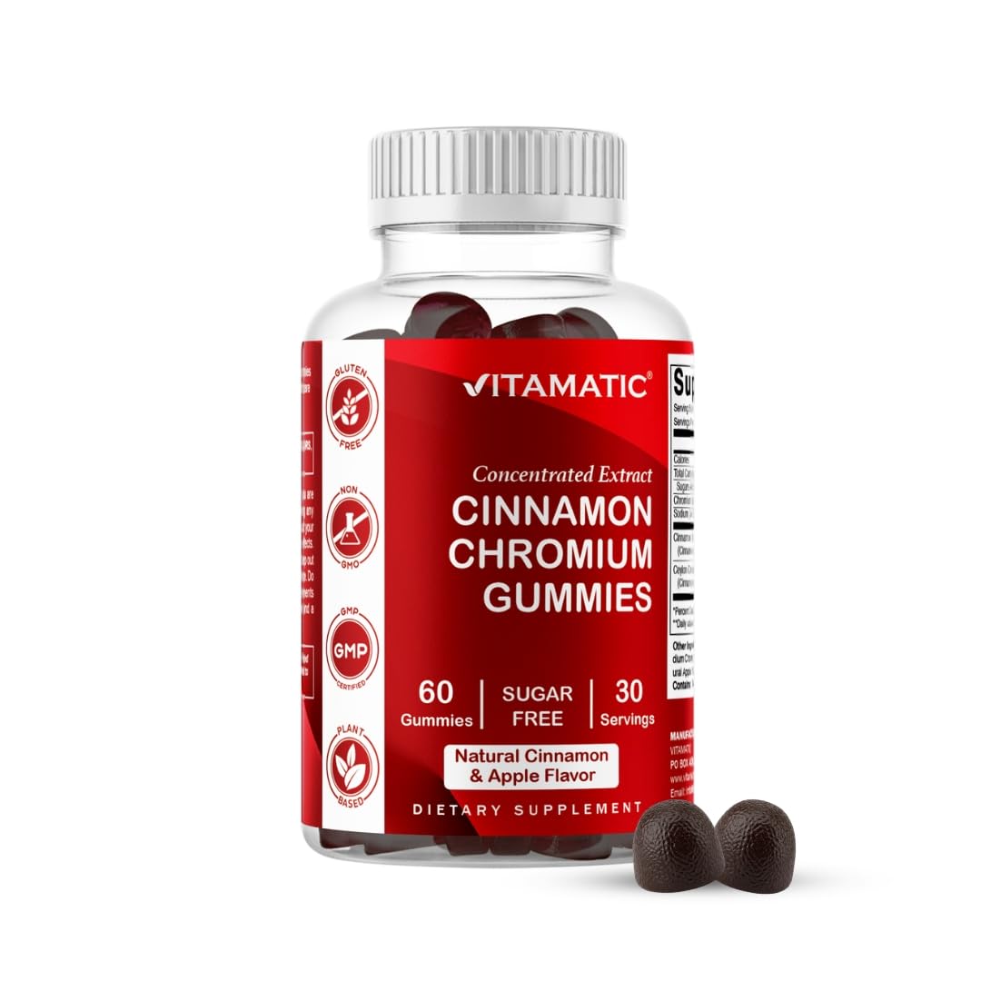 Vitamatic Chromium & Ceylon Cinnamon Gummies – Sugar-Free Botanical Extract Supplement – Vegan, Non-GMO, Gluten-Free – Plant-Based Gummies – 60 Count