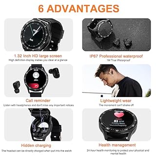 VOVOAEWACH Smart Watch with Earbuds, 1.32 Inch Round Fitness Watch X7, 2 in 1 Bluetooth Watch with Step,Calories,Sleep Monitor,Heart Rate Blood Pressu-re Monitor for iOS & Android