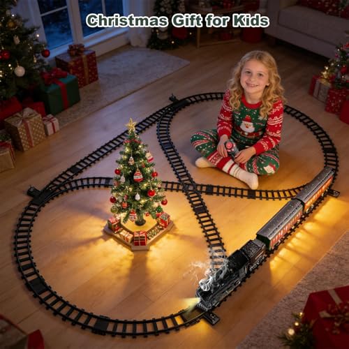 Image of Electric Train Sets Remote Control for Kids Metal Alloy Christmas Train Toys Steam Locomotive Glowing Passenger Carriages Luxury Tracks Light & Sounds Rechargeable Birthday Gifts for Boys Girls Red