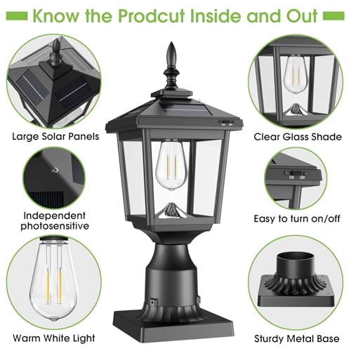 Greluna Solar Post Light with Pier Mount Base, 3000K Dusk to Dawn Lamp, Waterproof Outdoor Garden Yard Landscape Lighting, Decorative Pillar Light