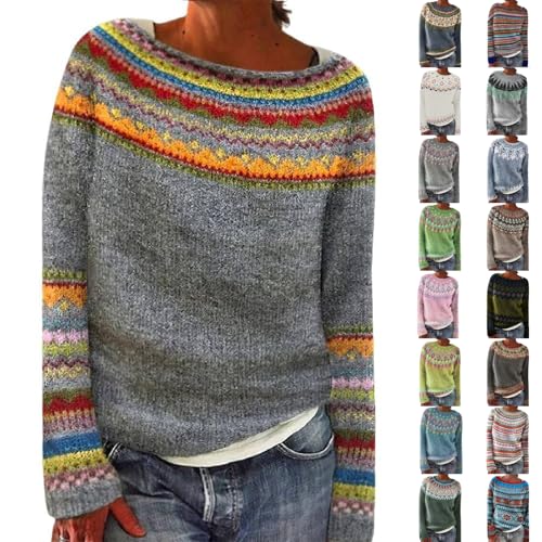 Fairisle Jumpers for Women UK Long Sleeves Icelandic Sweaters for Women Soft Comfortable Nordic Jumpers Cosy Warm Fashion Crew Neck Autumn Sweaters Plus Size Casual Pullover Tops Ladies Knitwear