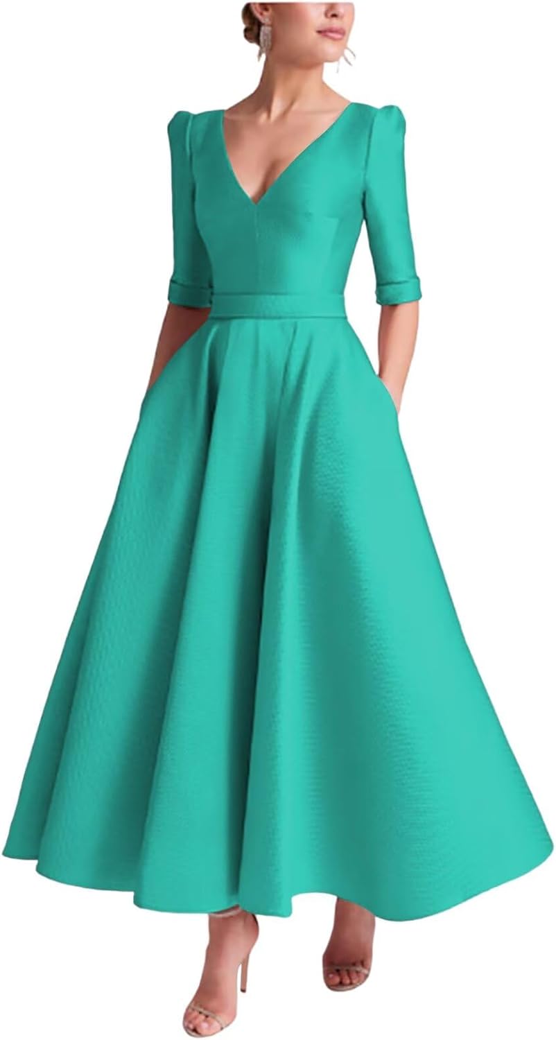 Tea Length Prom Dresses for Women Satin Elegant Formal Evening Gown A Line Wedding Guest Dress with Sleeve