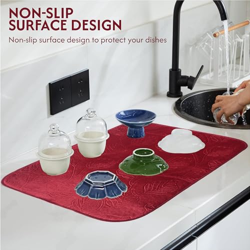 Image of Kuber Industries Pack of 4 Soft Microfiber Dish Drying Mat for Kitchen | 38x50 Machine Washable & Quick Drying Water Absorbing Mat for Kitchen Dishes, Utensils & Crockery | Aesthetic Design - Maroon