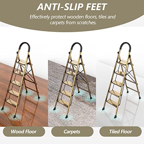 5 Step Ladder, Folding Step Stool, Lightweight Aluminum Foldable Ladder With Anti-Slip Wide Sturdy Pedal And Handgrip, Multi-Use For Home, Library, Office, Garage - Brown Gold (330 Lbs Capacity) #TOP1