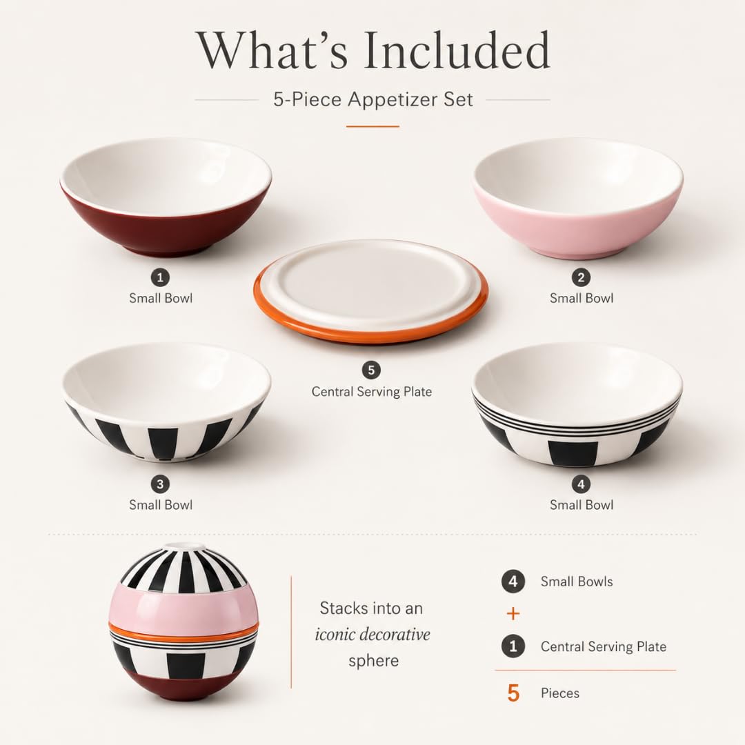 Villeroy & Boch - La petite Boule memphis, vajilla de porcelana, juego de cuencos, 5 piezas. Set de servicio, 14 cm Ø, apto para lavavajillas y microondas, multicolor