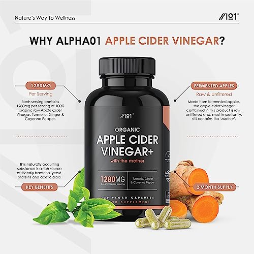 ALPHA01 Biologische appelciderazijn 1300 mg - Biologische Appelcider Azijn 1300 mg - met kurkuma, gember en cayennepeper - GMO-vrij, biologisch, glutenvrij, fair trade, 120 veganistische capsules - Afbeelding 3