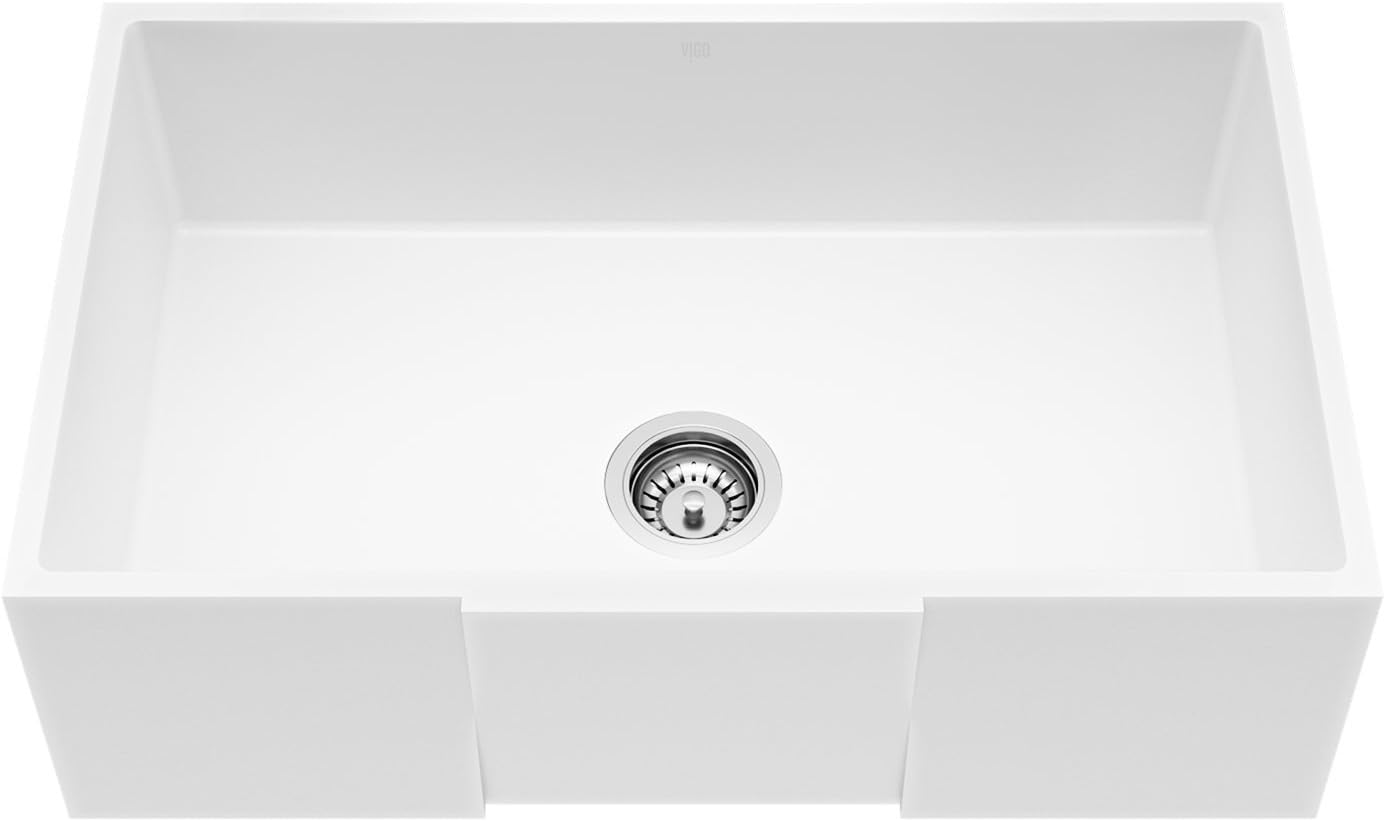 30 Inch VIGO Single Bowl Matte Stone Farmhouse Square Apron Front Undermount Kitchen Sink in Matte White with Strainer