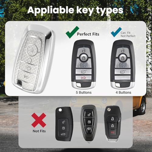 Image of for Ford Key Fob Cover with Fashionable Zirconia Wristlet KeyChain, Enchanting Diamond Patterns Soft Case for Fusion Mustang F150-350 Edge Explorer MKX,etc. (5 Button) Shell (White, B)