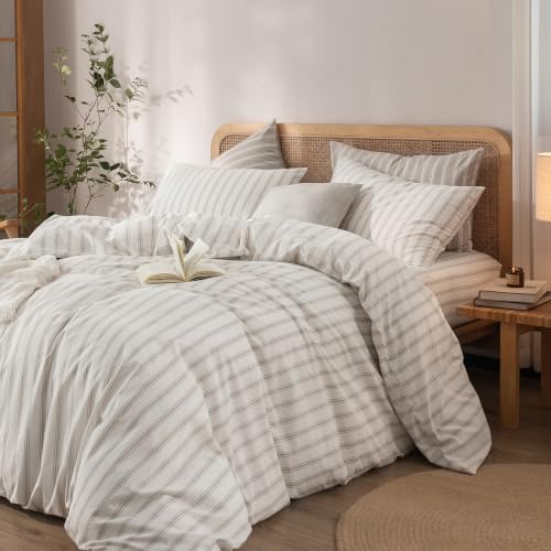 Image of BESTOUCH Striped Cotton Duvet Cover Set Linen Feel Super King Plus | 100% Washed Cotton, Soft Wrinkle Texture, Hidden Zipper, 8 Ties, Breathable Lightweight Durable Comfy, 3 Pcs No Insert