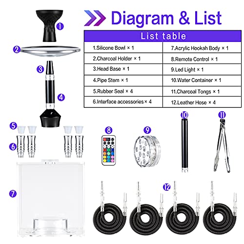 4 Hose Hookah Set Modern Hookah 4 Leather Hose Silicone Bowl Narguile Hookah Big Cloud Complete Accessory With Multicolor Led Light And Remote Control (4 Hose) #TOP2