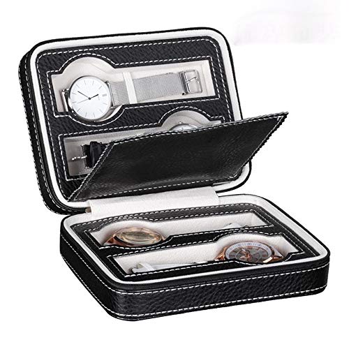 Liergou Caja de Almacenamiento de Reloj 4 Rejillas Reloj Joya la Caja de almacenaje de Reloj de Cuero con Cremallera portátil Mostrar Cuadro Organizador (Color : Negro, tamaño : 18x14x6cm)