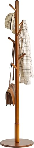 IBUYKE Perchero independiente con base redonda sólida y 8 ganchos, perchero de madera de fácil montaje, perchero para pasillo, entrada, sala de