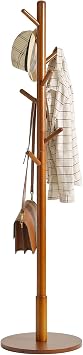 IBUYKE Coat Rack Stand, Freestanding Coat Tree with Solid Round Base and 8 Hooks, Easy Assembly Wooden Coat Hanger, Clothes Rack for Hallway Entryway, Living Room, Bedroom, Office, Brown WD-113