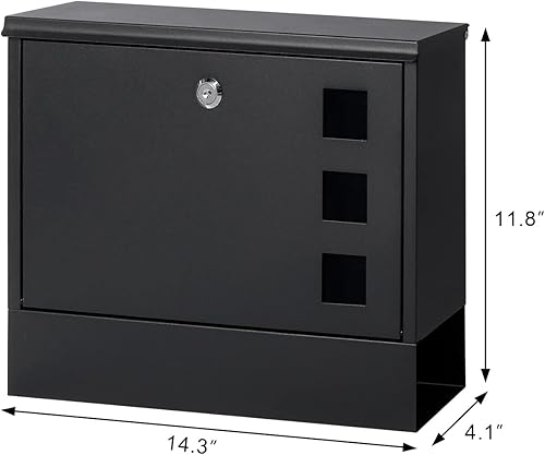 Miniatura 5 de Kasten Buzón de pared para exterior, buzón de metal de gran capacidad con compartimento para periódicos, 14.3 x 4.1 x 11.8 pulgadas, negro