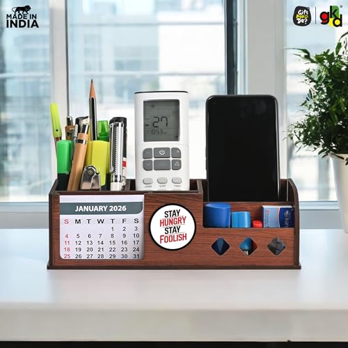 Image of GKD Wooden Motivational Quote Desk Calendar 2026 with Clock & Desk Organizer | Premium Engineered Wood Table Calendar for Office & Home Decor | Corporate Gift | Made in India