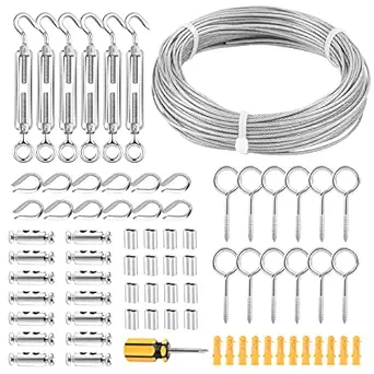 FSHIHINE Garden Wire/Turnbuckle Wire Tensioner Kit, 304 Stainless Steel Wire Rope Kit, 30M PVC Coated Cable Rope, Picture Hanging Wire/Wire Fence Roll Kits, Cable Railing Kit for Decking