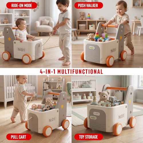 Image of Baybee 4 in 1 Baby Push Walker & Shopping Cart for Kids, Convertible Ride-On Toy, Pull Cart & Toy Organizer, Storage Compartments, Secure Rope Grip, Smooth Wheels & Rounded Edges | Walking Support for 0-3 Years (Orange)