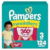 Pampers Diapers - Swaddlers 360° - Size 3, 124 Count, up to 100% Leakproof Comfy Dry Fit, Designed for Easy Changes, Pull On Baby Diaper (Packaging May Vary)