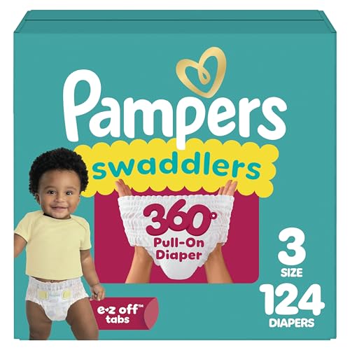 Image of Pampers Diapers - Swaddlers 360° - Size 3, 124 Count, up to 100% Leakproof Comfy Dry Fit, Designed for Easy Changes, Pull On Baby Diaper (Packaging May Vary)