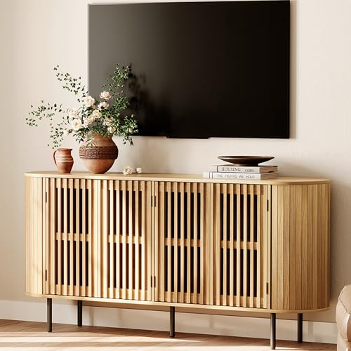 WAMPAT Mid Century Modern TV Stand for 70" TV, Tall Wood Entertainment Center with Storage, Fluted TV Stand with Pop-up Doors for Living Room, Bedroom, Oak