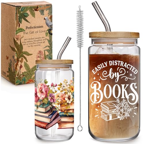 Easily Distracted by Book Glass Cup 16oz Bookish Gifts for Reading Book lover Women, Bookworm Mothers Day Gifts for Book Lovers Club, Librarian Stuff Book Lovers Coffee Glass Cups, Readers Accessories
