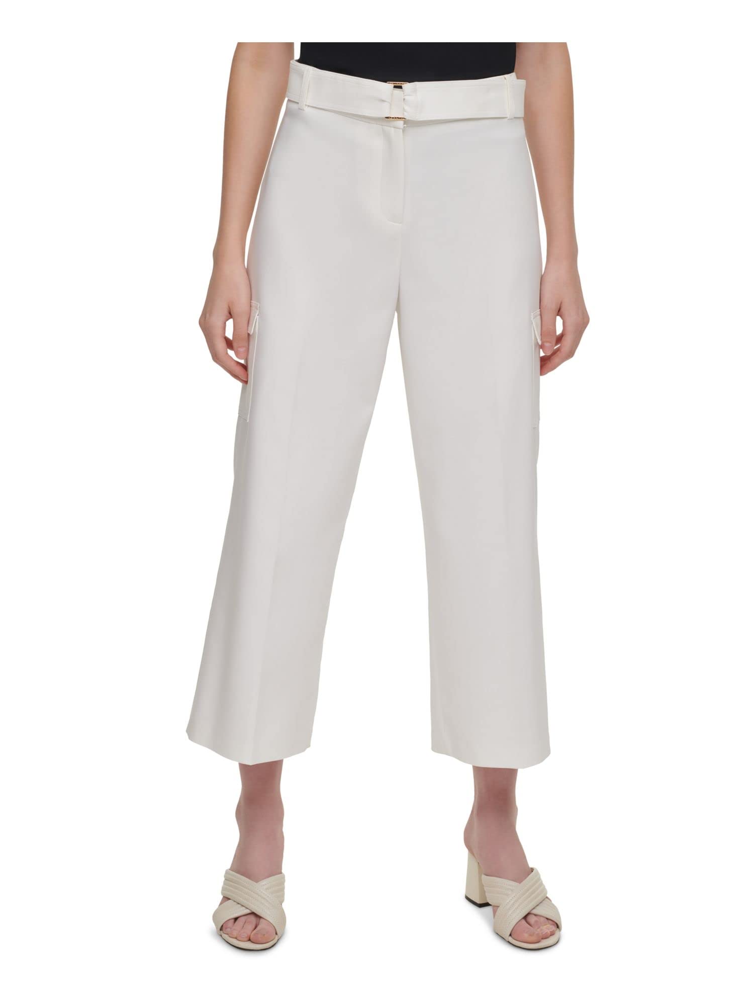 Calvin Klein Womens White Stretch Zippered Pocketed Cropped D-Ring Belt Wear to Work Wide Leg Pants 10