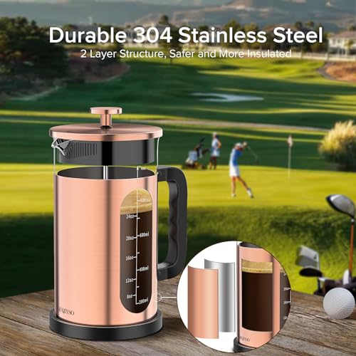 QUQIYSO French Press Coffee Maker, 304 Stainless Steel French Press with 4 Filter, Heat Resistant Borosilicate Glass, Easy to Clean, BPA Free Coffee Press Rust-Free Coffee Maker, 34 ounce, Copper