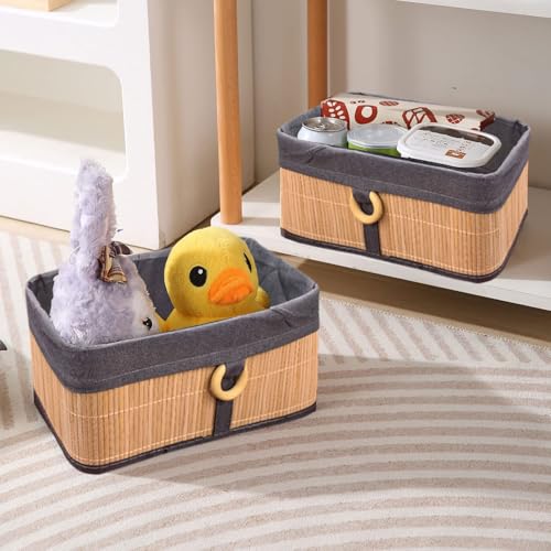 Image of LUXE HOME INTERNATIONAL Storage Basket Stripe Bamboo Box Eco-Friendly, Foldable & Lightweight Organizer Beige 33x23x14 cm Pack of 2