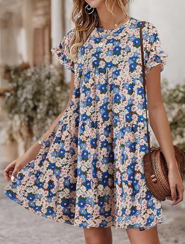 Image of Imysty Womens Boho Floral Ruffle Sleeve Babydoll Loose Flowy Casual Summer Pleated Mini Dress