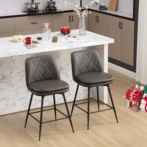 Image of Swivel Bar Stools Set of 2, Swivel Counter Height Bar Stools Set with Metal Legs and Upholstered Faux-Leather Seats, Modern Bar Stool with Back for Kitchen Island (A26 H, Grey)
