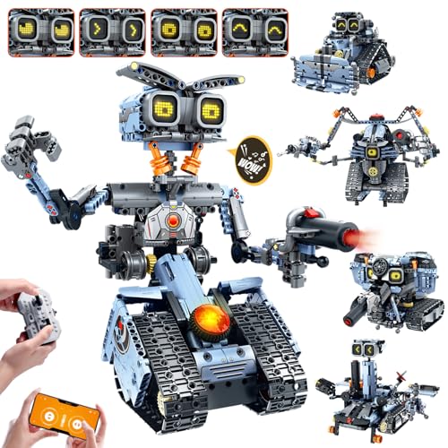 HiWEEGO Technik Roboter Bausatz für Kinder mit LED Augen, 5-in-1 App Fernbedienung Roboticset Baustein RC Bulldozer/Panzer/Engineering Spielzeug Geschenk für Jungen Mädchen Teens 12+ Jahre (699 Stück)