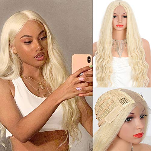 Kalyss 28‘’Long Platinum Blonde Curly Wavy Wigs For Women Middle Parting Heat Resistant Synthetic Fiber Updated Small Lace Edge Front Hair Wig