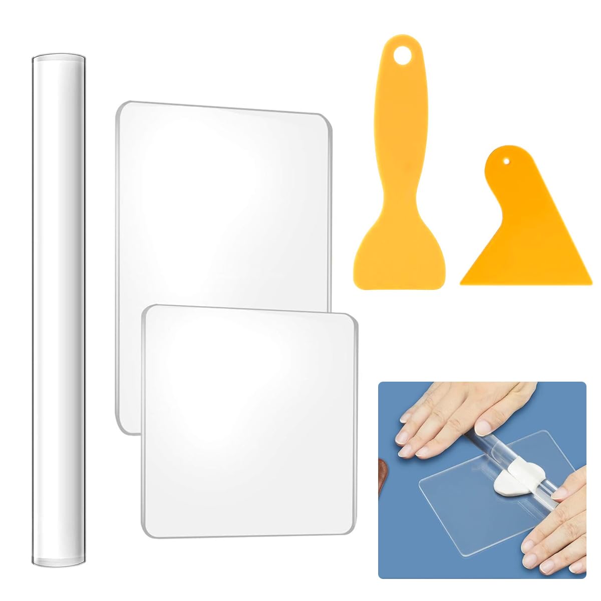 Serplex® 5Pcs Craft Clay Tools Polymer Clay DIY Tool, Acrylic Clay Roller with Acrylic Sheet Backing Board Plastic Scraper Assisted Shovel Rubber Clay Tools Molds for Shaping and Sculpturing Modelling