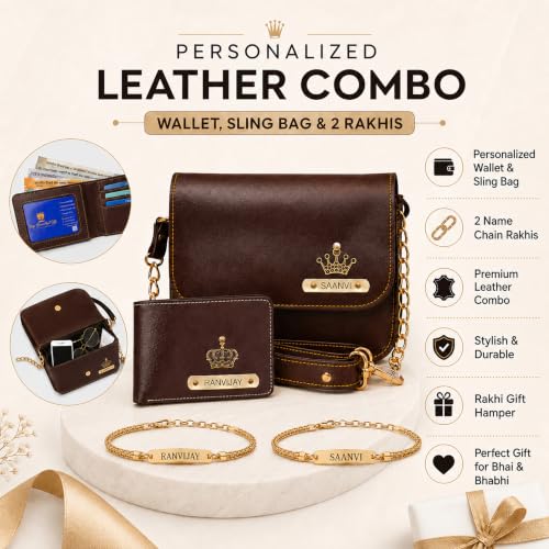 Image of SAVRI Personalized Rakshabandhan Gift for Bhaiya & Bhabhi | Customized Leather Wallet & Sling Bag with Name & Charm | Set of 2 Personalized Chain Rakhis with Name | Couple Gift for Anniversary & Rakhi