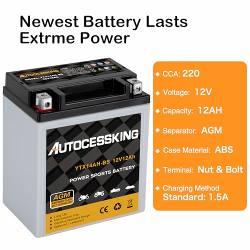 Image of Autocessking YTX14AH-BS 12V 12Ah Battery, Rechargeable Sealed AGM Battery Maintenance Free Powersport Replacement Battery for Motorcycle, ATV and Scooter