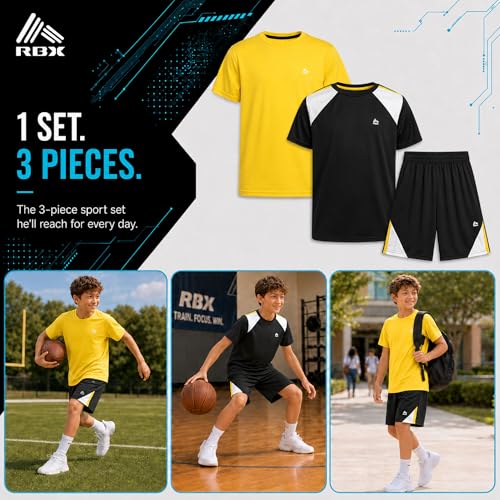 Image of RBX Boys Short Sets - 3 Piece Active Performance Short Sleeve Athletic Shirts and Gym Shorts With Elastic Waistband (4-12)