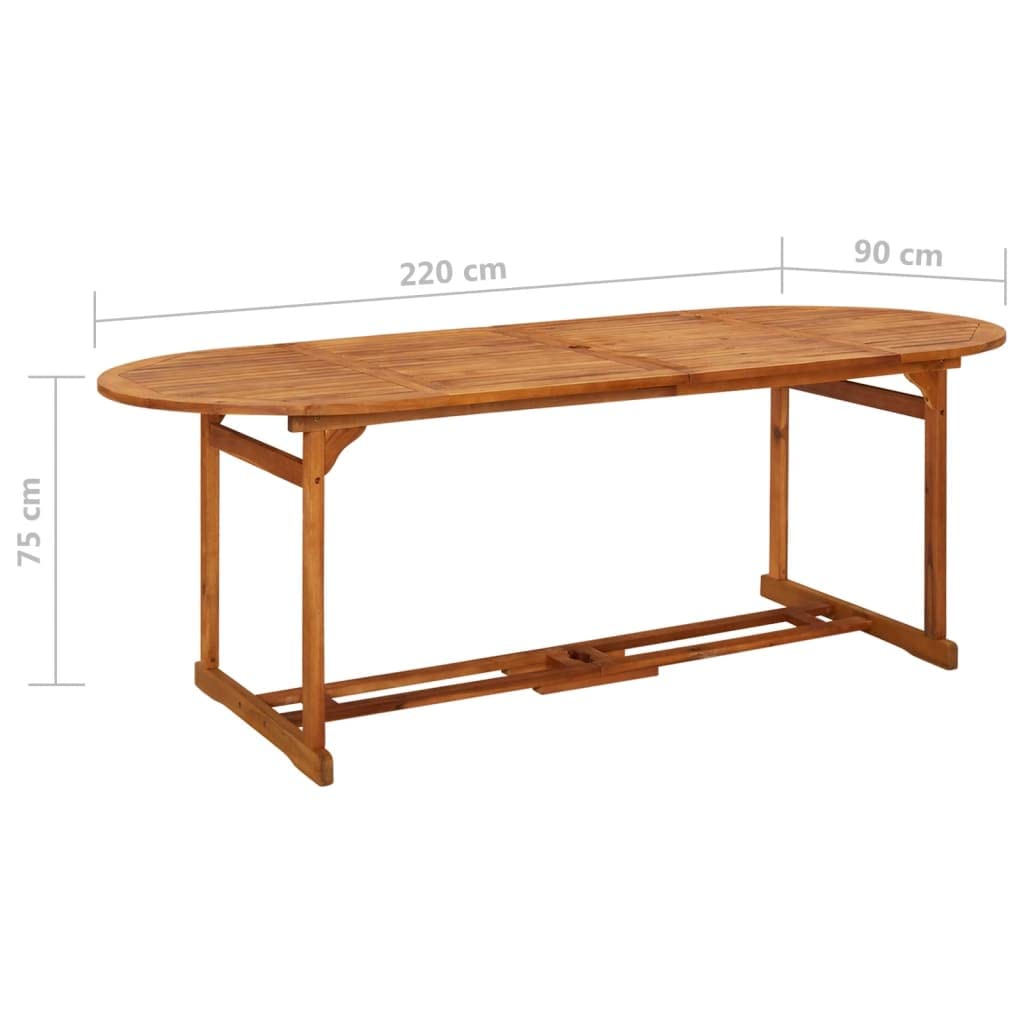 Tavolo da pranzo da giardino in legno massello di acacia, 220 x 90 x 75 cm, resistente alle intemperie, per terrazza, balcone, esterno, barbecue, picnic e feste, robusto, con foro per