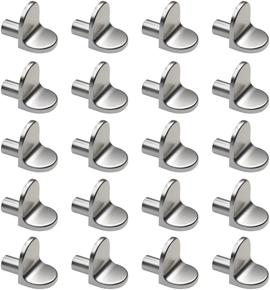 20-Pack L-Shaped Shelf Support Pins, 5mm Zinc Alloy Cabinet Pegs in Silver for Bookshelves, Display Cases, and Closets