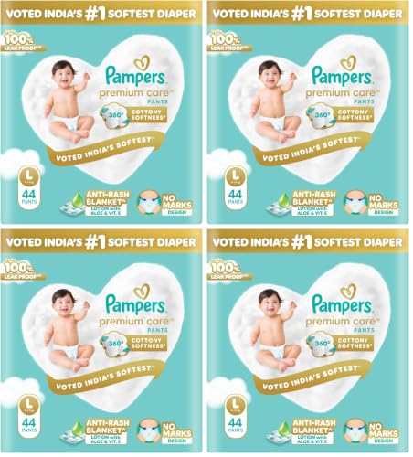 Image of Pampers Premium Care Pant Style Baby Diapers L 44 Count | No Marks Design | Voted India's #1 Softest Diaper | All in 1 diaper with 360 Cottony Softness (Pack of 4)