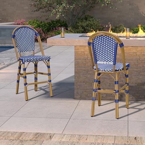 Image of PURPLE LEAF French Counter Height Bar Stool Set of 4 25 inch Bamboo Print Finish Patio Bar Chairs with Back Rattan Bar Chairs French Bistro Set for Kitchen Outdoor Counter Stool Royal Blue